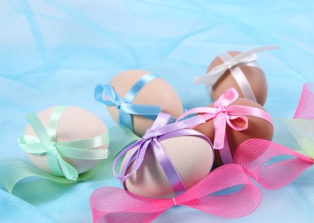 Easter eggs with bow の写真素材