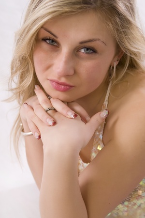 studio portrait of blonde womanの写真素材