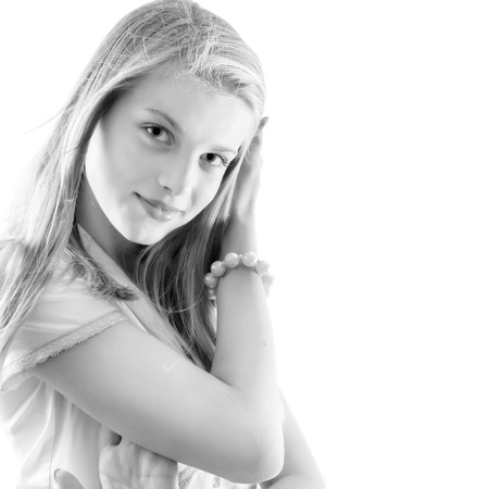Black and white portrait of a beautiful female model on white backgroundの写真素材