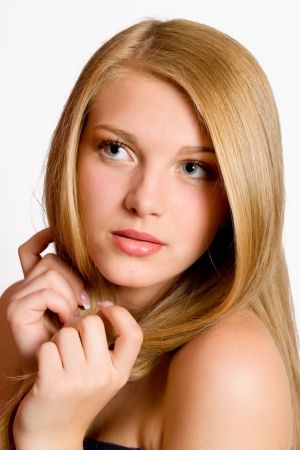 Blond Hair.Close-up portrait of beautiful Woman with Straight Long Hairの写真素材