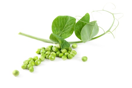 fresh pea fruit with green leaf isolated on white backgroundの写真素材