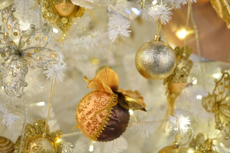 christmas background with baubles and christmas treeの写真素材