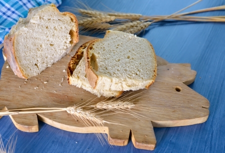 baked bread on wood tableの写真素材