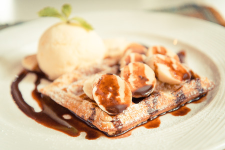Banana waffle with ice creamの写真素材