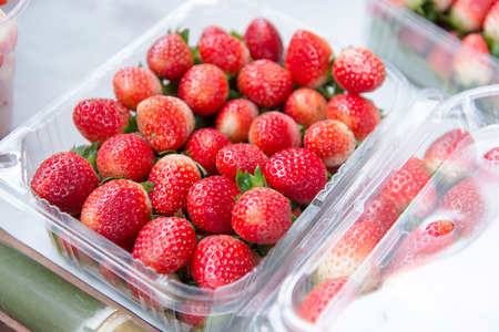 Fresh strawberry in the plastic box for saleの写真素材