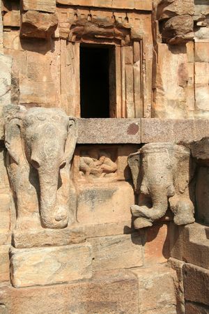 Stone platform and entrance of temple at Badami, Karnataka, India, Asia