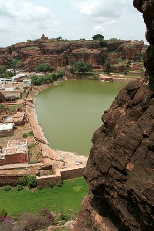 View of historical lake and northern hill at Badami, Karnataka, India, Asiaの写真素材