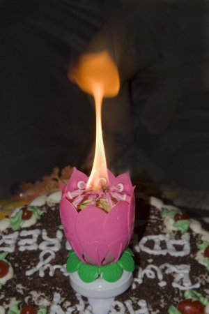 Lighted magic candle in flame which bursts open in the form of lotusの写真素材