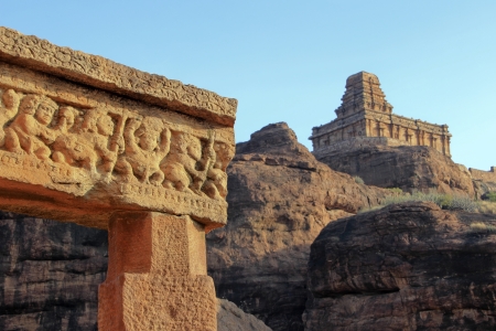 View of upper Shivalaya temple from lower  Shivalaya on northern hill at Badami, Karnataka, India, Asiaの写真素材