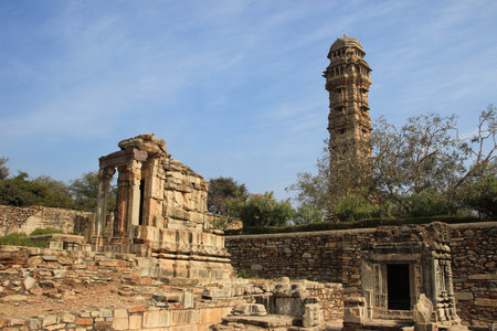 Forlorn stone structures near Victory Tower at Chittorgarh Fort, Rajasthan, India, Asiaのeditorial素材