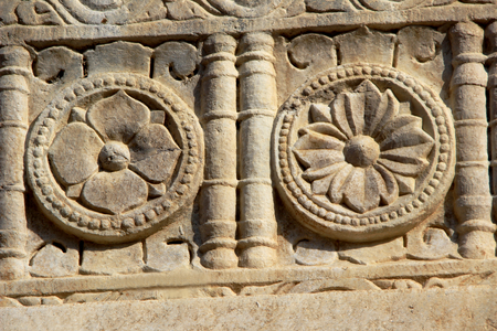 Marble wall panel with decorative flower designs at Jagadeesh Temple, Udaipur, Rajasthan, India, Asiaの写真素材