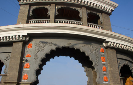Arch at entrance of Mahaganapati Temple at Ranjangaon, Maharashtra, India, Asia