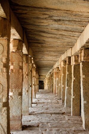 Perspective view of passage with stone roof, floor and columns at Veerabhadreswara Temple in...