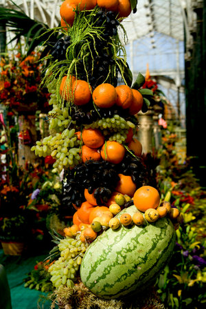 View of decoration with fruits and vegetables at Republic Day Flower Show in Lalbagh, Bengaluru, Karnataka, India, Asiaの写真素材