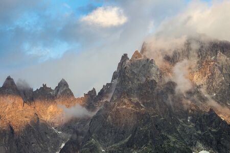 French Alps near the Aiguille du Midi view from Chamonix Mont-Blanc in sunset lights, France