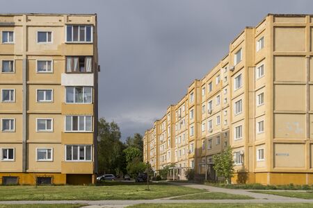 Apartment building based on a post-soviet architecture style in a Slavutych city, purposely built...
