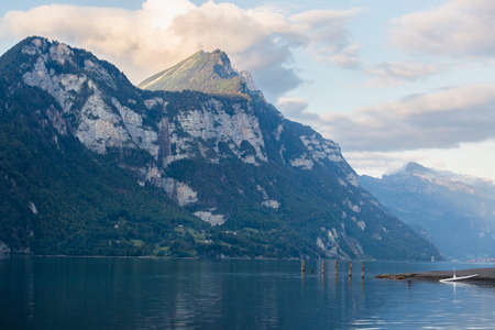 The Lake Walensee and a part of the mountain chain of the Churfirsten, landscape in the Canton St....