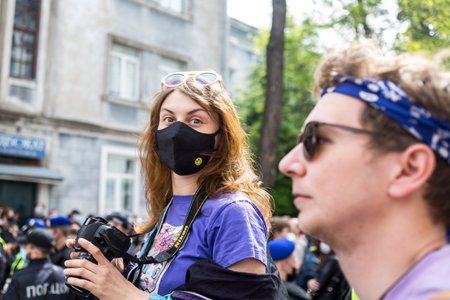KYIV, UKRAINE - May 21 2021: protest action against police's abuse of power near the Podil police...
