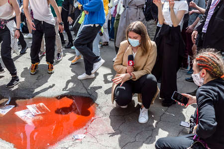 KYIV, UKRAINE - May 21 2021: military police hold helmets on a protest action against police's abuse...