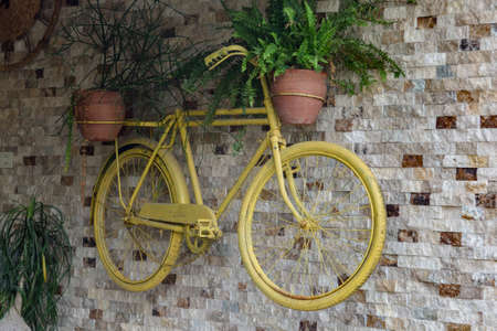 Yellow bicycle as a decor hung on the wall among the pots. Home design concept