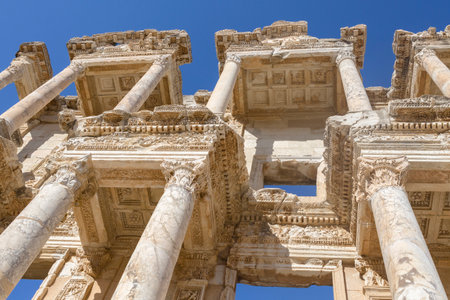 Bottom view of the ancient theater building with columns. Celsus Library in Ephesus - Selcuk, Turkeyの写真素材