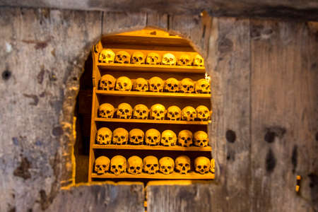 Ancient skulls of holy monks in the monastery Great Meteoron in Meteora, Kalabaka, Greece