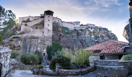 Beautiful panorama view on the Orthodox Monasteries of Great Meteor, immense monolithic pillar,...