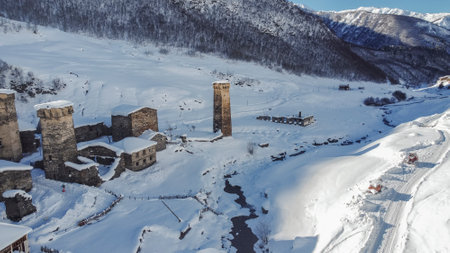Svan Towers are the symbol of Svanetia, is unique defensive structures of the early Middle Ages epoch, Ushguli, Georgiaの写真素材