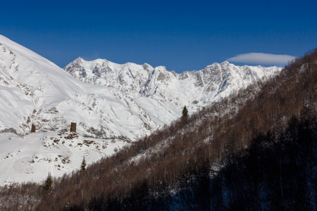 Svan towers durring sunset attached to residential houses in the province of Ushguli are the symbol of Svaneti, the Caucasus, Georgiaの写真素材
