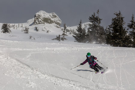 Female skier skiing downhill during sunny day in high mountains, an adrenaline outdoor adventuresの写真素材