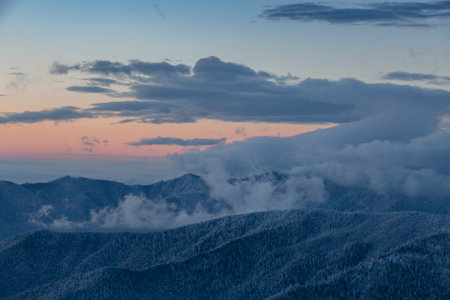 Spectacular sunset over winter mountains covered with snowy spruce forest, winter in the Carpathians. Idyllic winter wallpaper.の写真素材