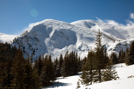 A view of the snowy rocky mountain Breskul, Chornohora range, the Carpathians mountains