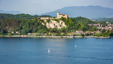 View of the Rocca di Angera near Arona, a city on Lake Maggioreのeditorial素材