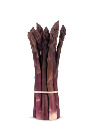 Bunch of fresh purple asparagus isolated on whiteの写真素材