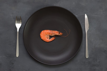 One 1 big shrimp on black plate on gray. Healthy sea food. Minimalism, keto weight loss diet concept. Top view. Man hands holding fork and knife.の写真素材