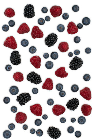Berries pattern isolated on white. Strawberries, raspberries blackberries and blueberries arranged on white. Top view.の写真素材