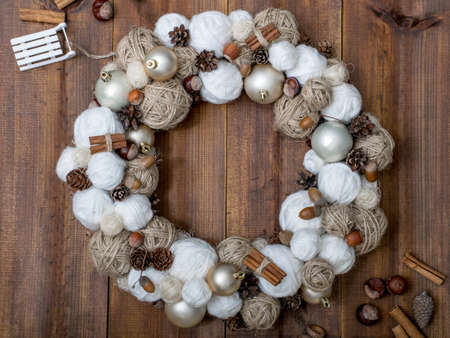 Christmas wreath, on gray stone background. Holidays decorの写真素材