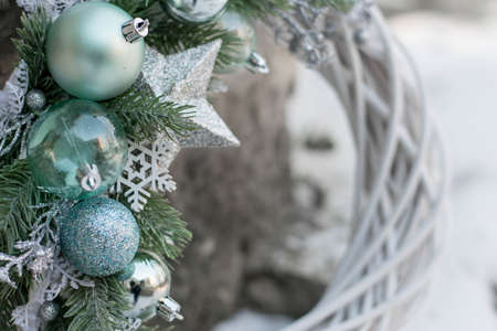 Christmas wreath, on gray stone background. Holidays decorの写真素材