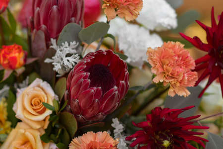A very nicely decorated wedding table appointments with beautiful decor with plates and serviettes in spring garden. Beautiful flowers on table in wedding day. The elegant dinner table. Boho wedding.の写真素材