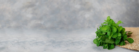 A bunch of mint, spearmint, peppermint tied with twine on a gray background. mint-flavored leaves. Mint bunch. BIO mint.の写真素材