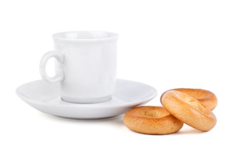 Light breakfast with drink and dry bagelsの写真素材