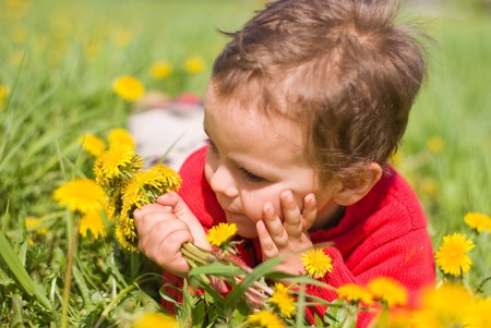 Pensive boy with dandelionsの写真素材