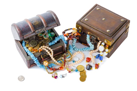Two chest with lots of jewels, isolated on white backgroundの写真素材