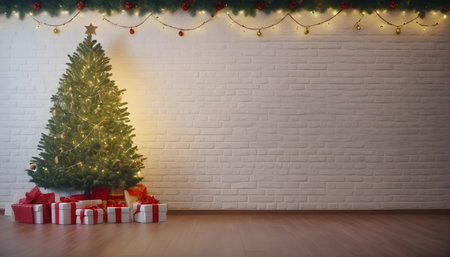 Christmas tree with presents against room with white brick wall and wooden floorの素材
