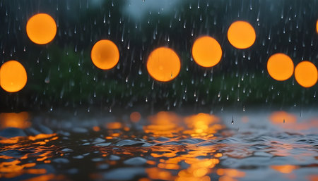 Rainy day with orange bokeh light on water background.の素材