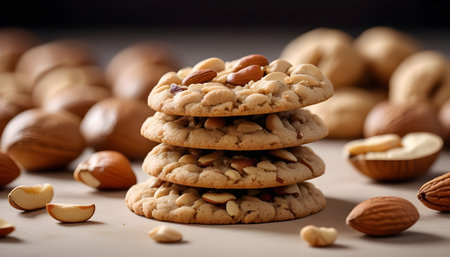 Tasty chocolate chip cookies with mixed nuts, almonds and hazelnuts on light grey background, closeupの素材