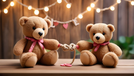 Two teddy bears on wooden background. Valentines day concept.の素材