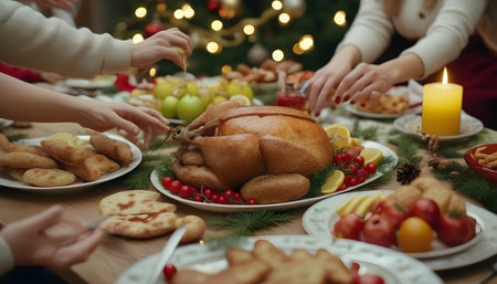 Close up of family hands decorating christmas table with turkey at homeの素材