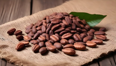 Coffee beans on sackcloth and wooden background. Selective focus.の素材