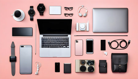 Flat lay shot or high angle view of a table with different electronic devices and gadgets.の素材